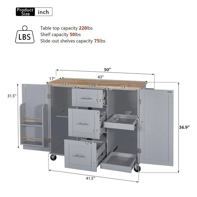 Rolling Kitchen Island Cart on Wheels with Storage,2 Slide-Out Shelf and Internal Storage Rack