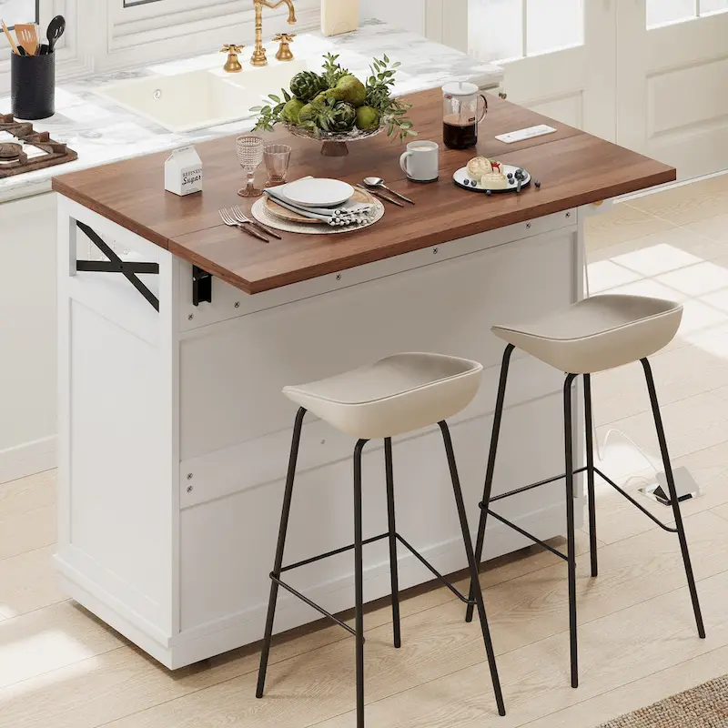 46.5 Farmhouse Kitchen Island w/Beaded Drape, Power Outlet, Drop Leaf, 3 Doors & Drawers, Iron Shelf, Wheels for Kitchen/Dining