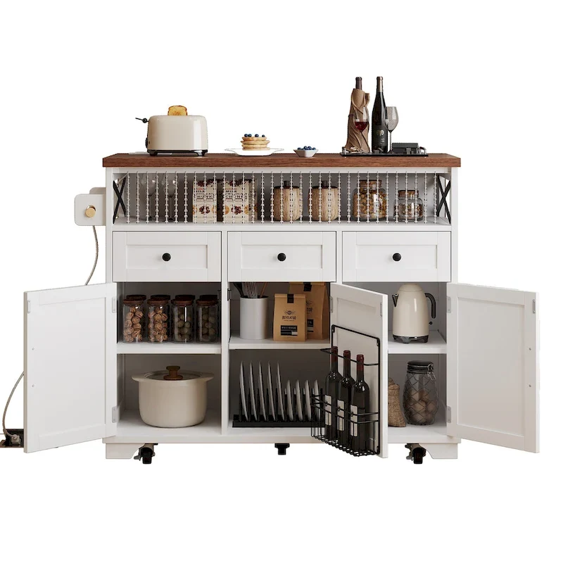46.5 Farmhouse Kitchen Island w/Beaded Drape, Power Outlet, Drop Leaf, 3 Doors & Drawers, Iron Shelf, Wheels for Kitchen/Dining