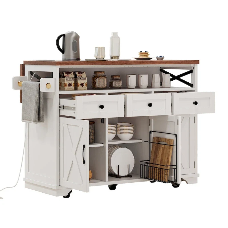 46.5 Farmhouse Kitchen Island w/Beaded Drape, Power Outlet, Drop Leaf, 3 Doors & Drawers, Iron Shelf, Wheels for Kitchen/Dining