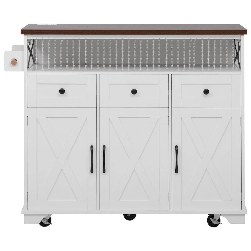 46.5 Farmhouse Kitchen Island w/Beaded Drape, Power Outlet, Drop Leaf, 3 Doors & Drawers, Iron Shelf, Wheels for Kitchen/Dining