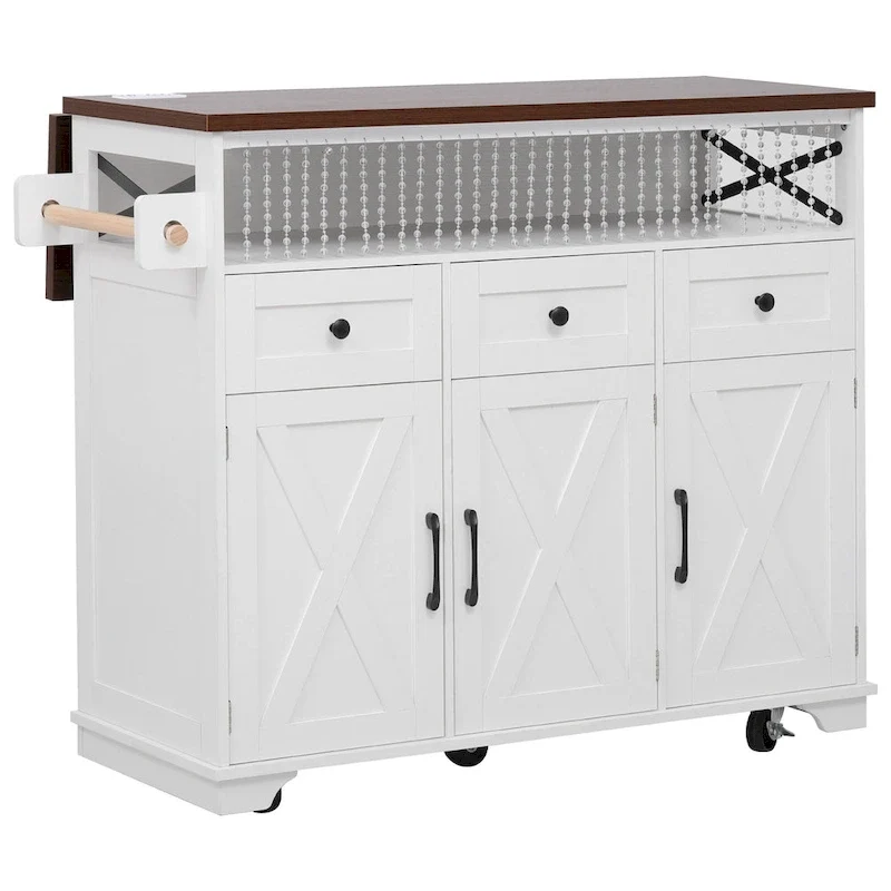 46.5 Farmhouse Kitchen Island w/Beaded Drape, Power Outlet, Drop Leaf, 3 Doors & Drawers, Iron Shelf, Wheels for Kitchen/Dining
