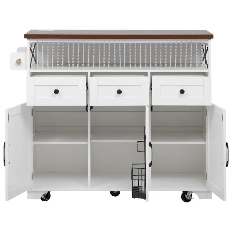46.5 Farmhouse Kitchen Island w/Beaded Drape, Power Outlet, Drop Leaf, 3 Doors & Drawers, Iron Shelf, Wheels for Kitchen/Dining