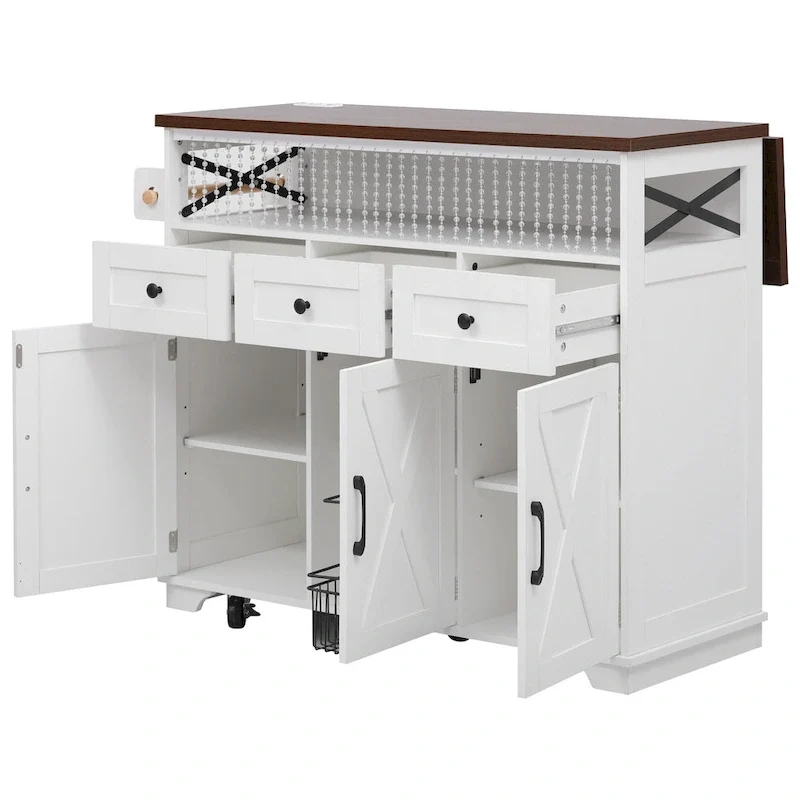 46.5 Farmhouse Kitchen Island w/Beaded Drape, Power Outlet, Drop Leaf, 3 Doors & Drawers, Iron Shelf, Wheels for Kitchen/Dining