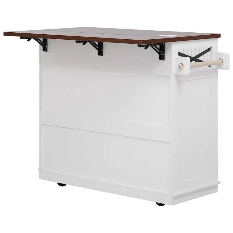 46.5 Farmhouse Kitchen Island w/Beaded Drape, Power Outlet, Drop Leaf, 3 Doors & Drawers, Iron Shelf, Wheels for Kitchen/Dining