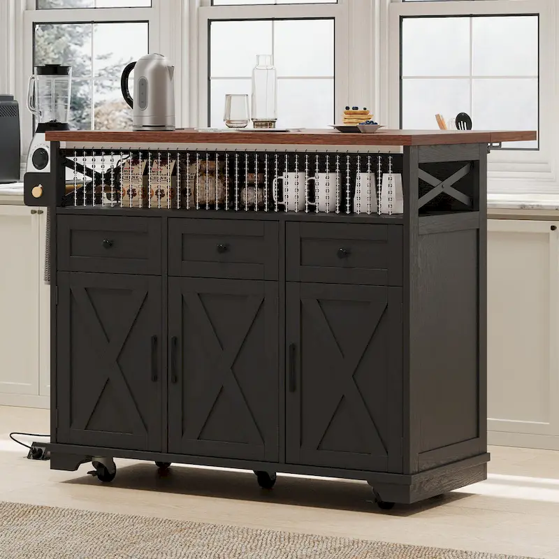 46.5 Farmhouse Kitchen Island w/Beaded Drape, Power Outlet, Drop Leaf, 3 Doors & Drawers, Iron Shelf, Wheels for Kitchen/Dining