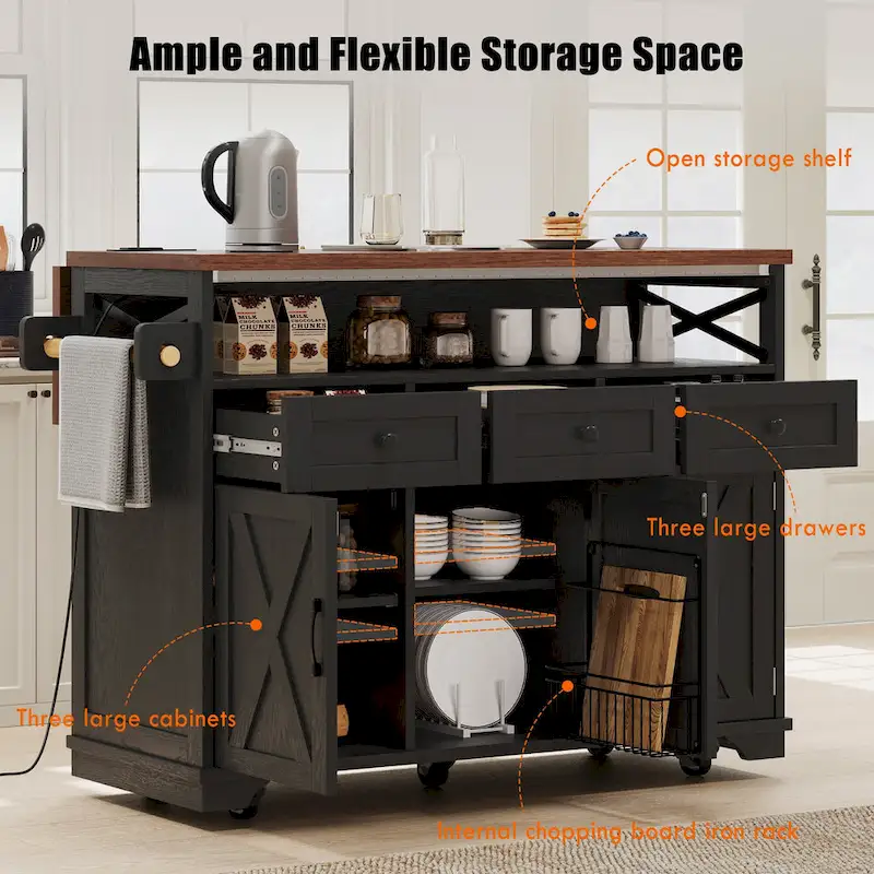 46.5 Farmhouse Kitchen Island w/Beaded Drape, Power Outlet, Drop Leaf, 3 Doors & Drawers, Iron Shelf, Wheels for Kitchen/Dining