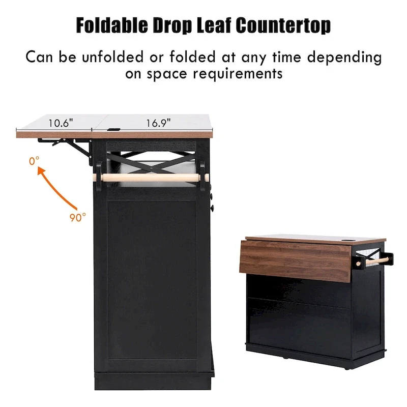 46.5 Farmhouse Kitchen Island w/Beaded Drape, Power Outlet, Drop Leaf, 3 Doors & Drawers, Iron Shelf, Wheels for Kitchen/Dining