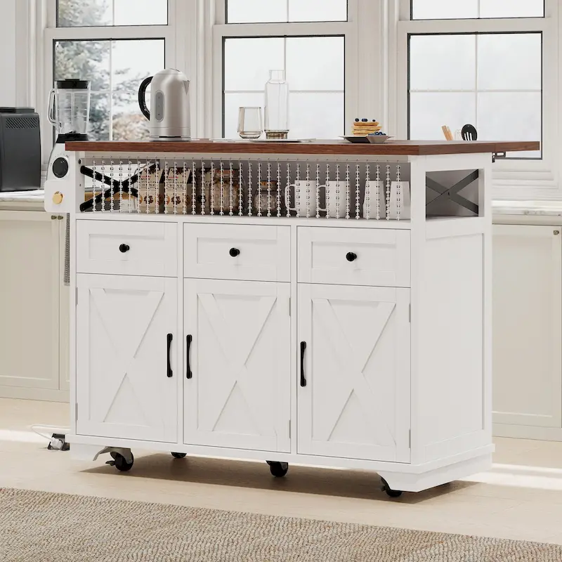 46.5 Farmhouse Kitchen Island w/Beaded Drape, Power Outlet, Drop Leaf, 3 Doors & Drawers, Iron Shelf, Wheels for Kitchen/Dining