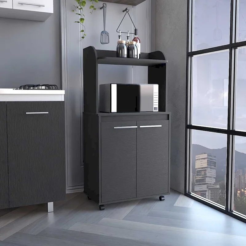 2-Tier Kitchen Island Cart, Rolling Microwave Oven Stand with Open Shelf and Double Door Cabinet