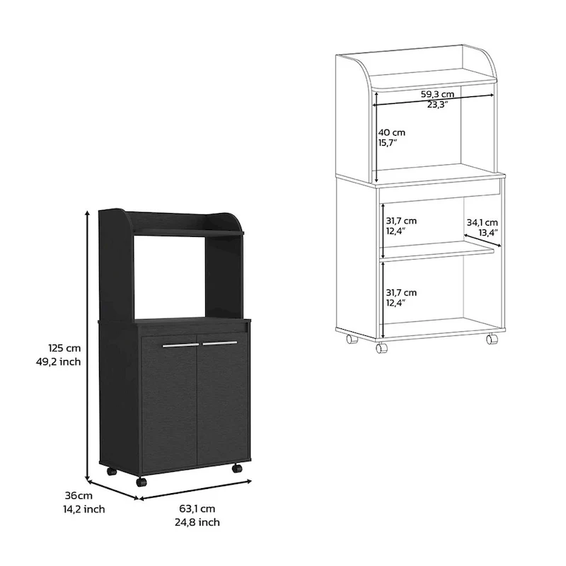 2-Tier Kitchen Island Cart, Rolling Microwave Oven Stand with Open Shelf and Double Door Cabinet