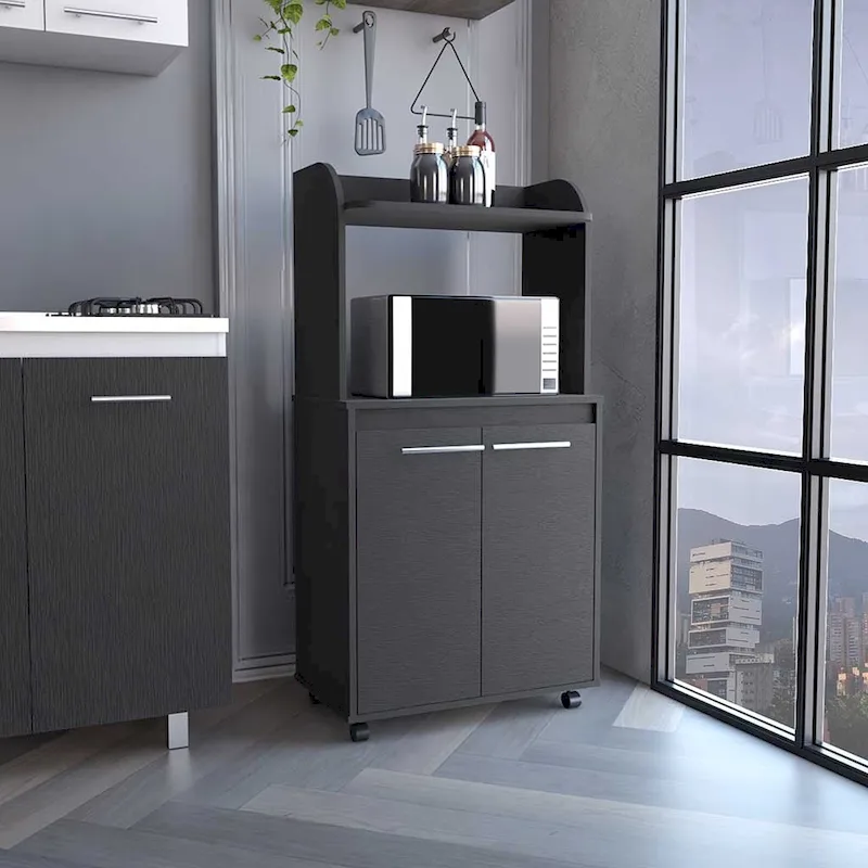 2-Tier Kitchen Island Cart, Rolling Microwave Oven Stand with Open Shelf and Double Door Cabinet