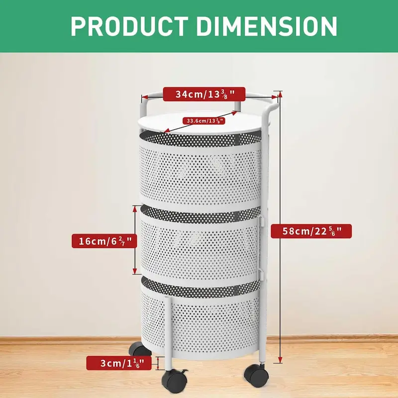Multi-Tier Rotating Storage Basket with Wheels for Vegetables Fruits Groceries in Kitchen Household Organizer