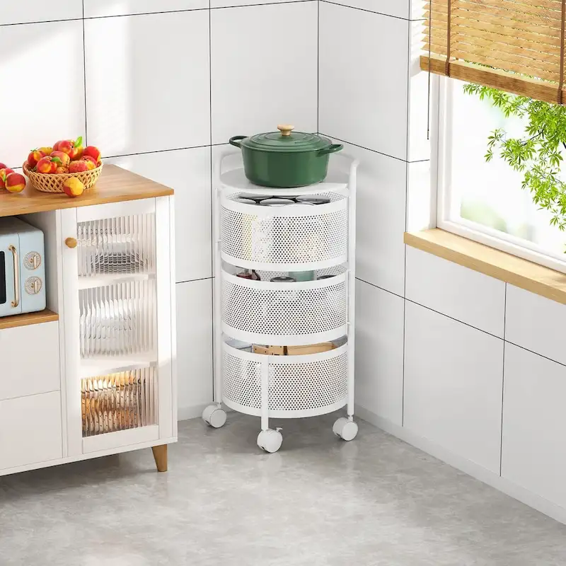 Multi-Tier Rotating Storage Basket with Wheels for Vegetables Fruits Groceries in Kitchen Household Organizer