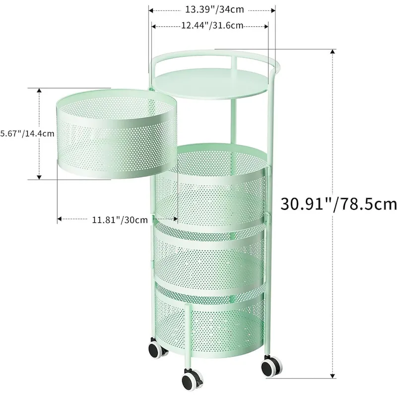 Multi-Tier Rotating Storage Basket with Wheels for Vegetables Fruits Groceries in Kitchen Household Organizer