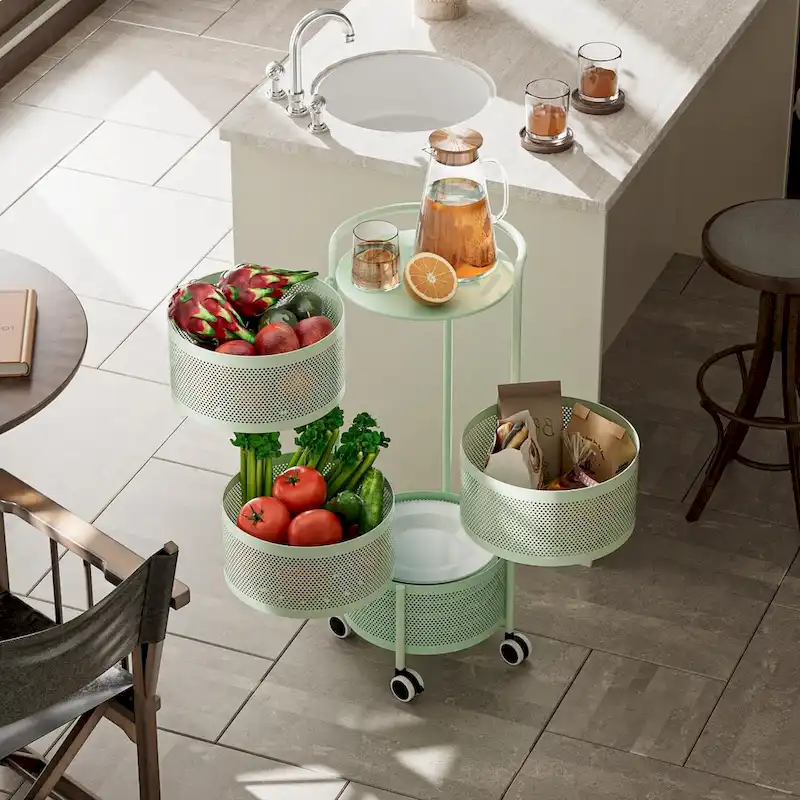 Multi-Tier Rotating Storage Basket with Wheels for Vegetables Fruits Groceries in Kitchen Household Organizer