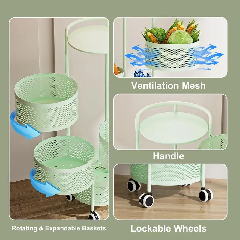Multi-Tier Rotating Storage Basket with Wheels for Vegetables Fruits Groceries in Kitchen Household Organizer