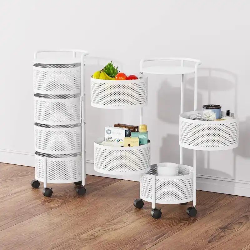Multi-Tier Rotating Storage Basket with Wheels for Vegetables Fruits Groceries in Kitchen Household Organizer