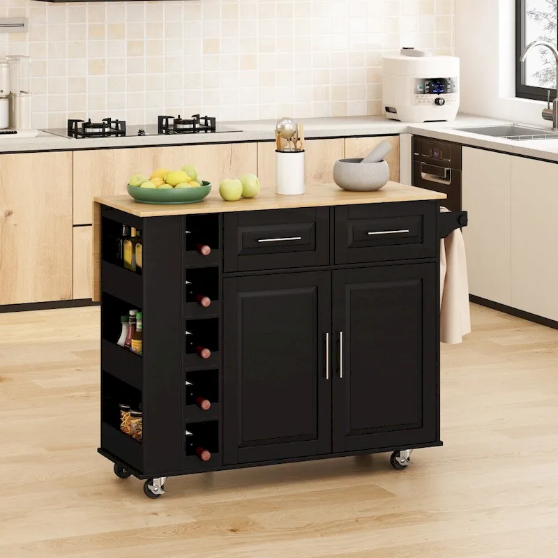 Kitchen Island Cart with 2 Door and 2 Drawers and Foldable Table Top