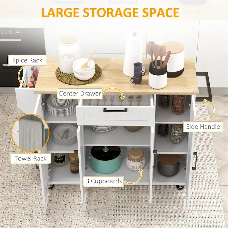 Kitchen Island on Wheels,Rolling Kitchen Cart with Rubberwood Top