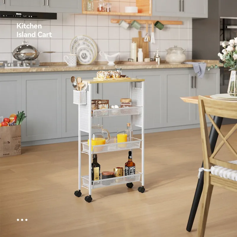 Kleio Wood Rolling Kitchen Cart with Wooden Tabletop and Mesh Baskets