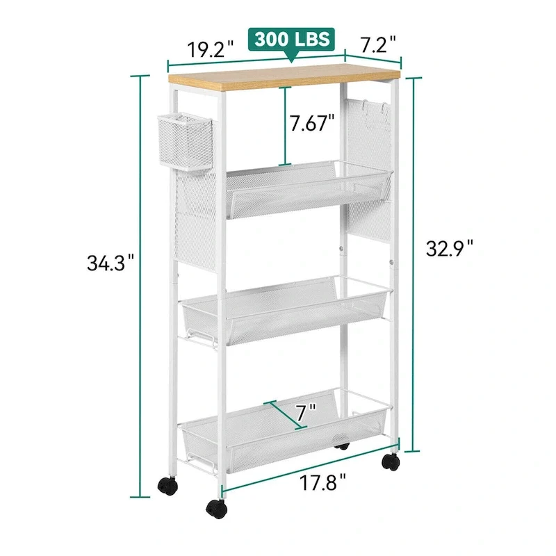 Kleio Wood Rolling Kitchen Cart with Wooden Tabletop and Mesh Baskets