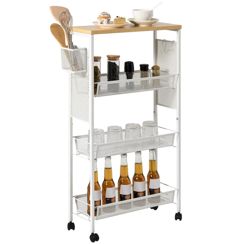 Kleio Wood Rolling Kitchen Cart with Wooden Tabletop and Mesh Baskets