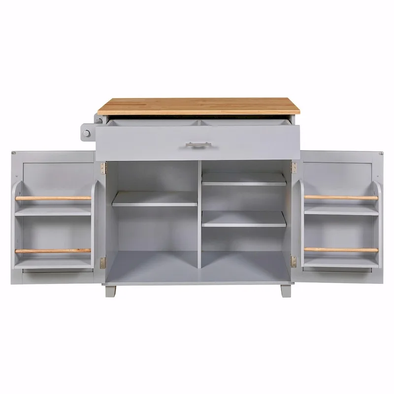 Kitchen Island with Rubber Wood Top, Spacious Drawer, Internal Storage Rack, Wheels