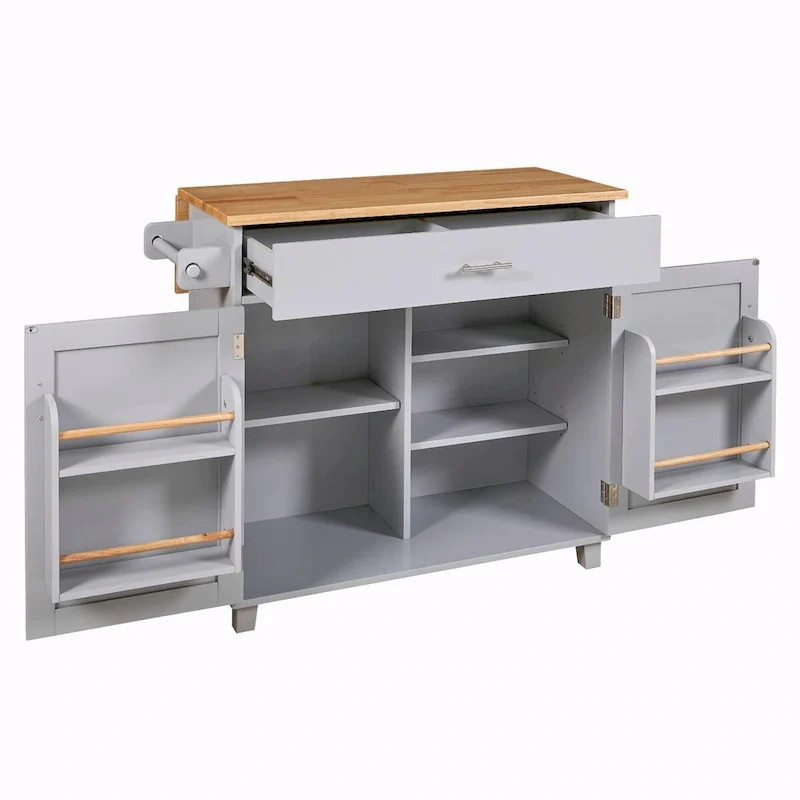 Kitchen Island with Rubber Wood Top, Spacious Drawer, Internal Storage Rack, Wheels