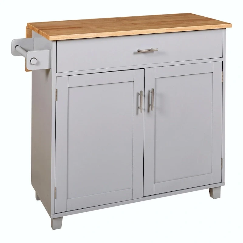 Kitchen Island with Rubber Wood Top, Spacious Drawer, Internal Storage Rack, Wheels