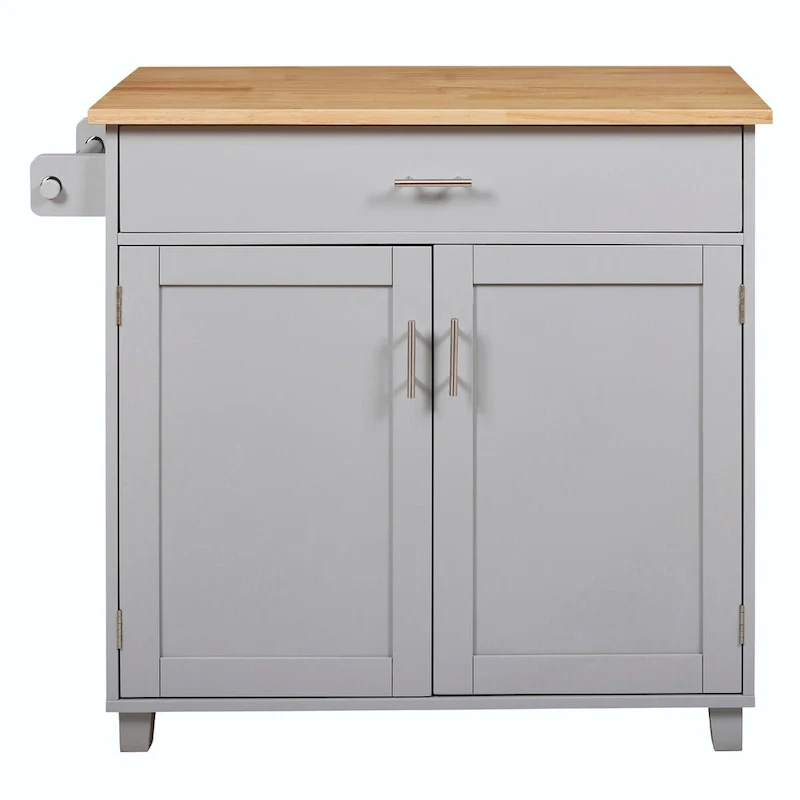 Kitchen Island with Rubber Wood Top, Spacious Drawer, Internal Storage Rack, Wheels
