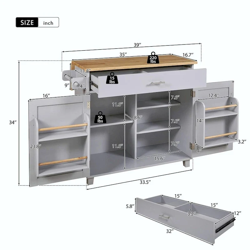 Kitchen Island with Rubber Wood Top, Spacious Drawer, Internal Storage Rack, Wheels