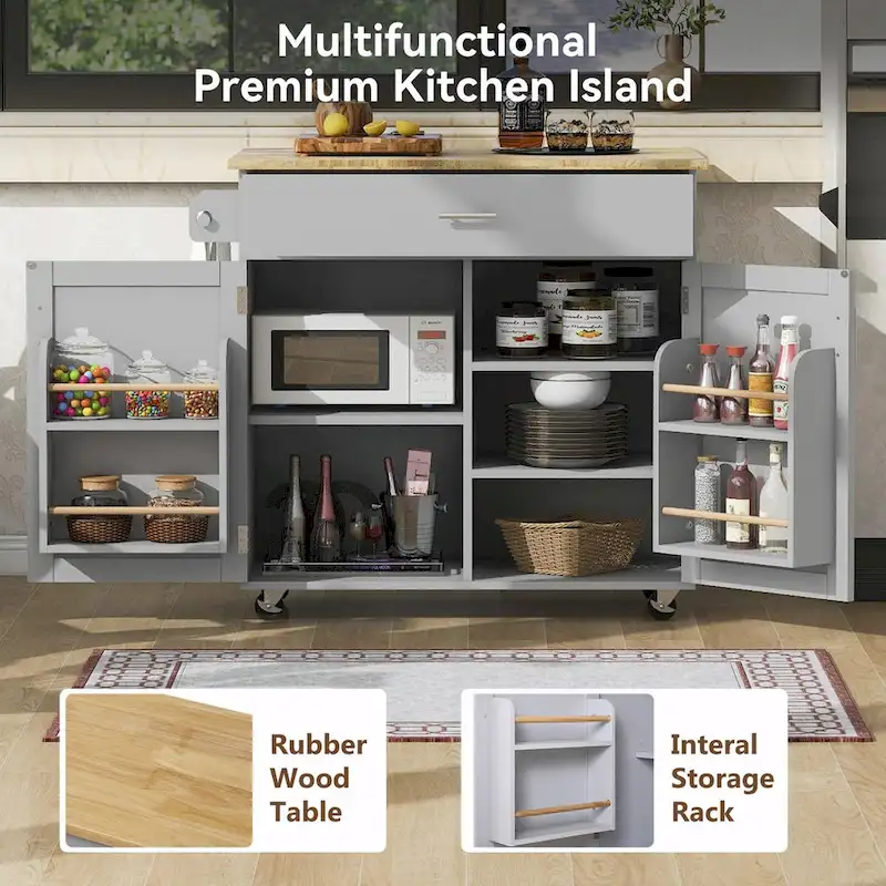 Kitchen Island with Rubber Wood Top, Spacious Drawer, Internal Storage Rack, Wheels