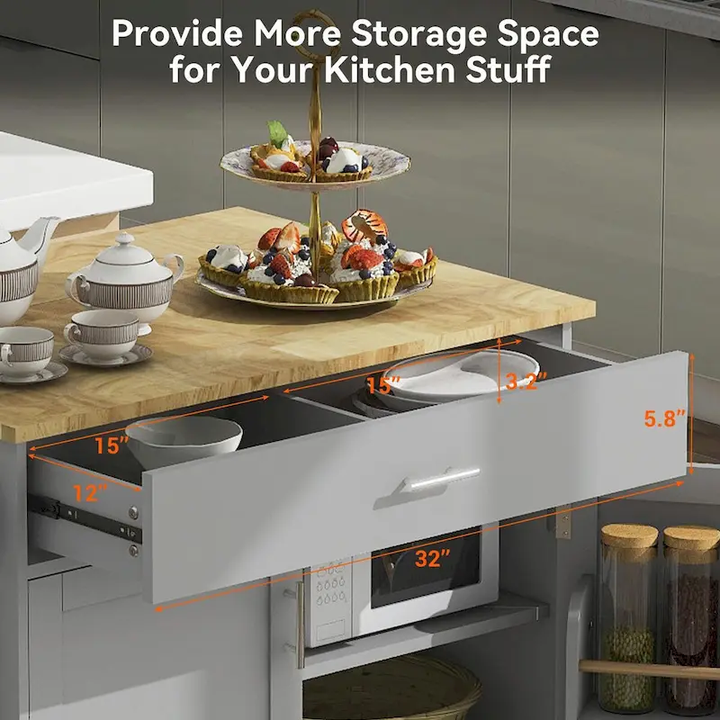 Kitchen Island with Rubber Wood Top, Spacious Drawer, Internal Storage Rack, Wheels