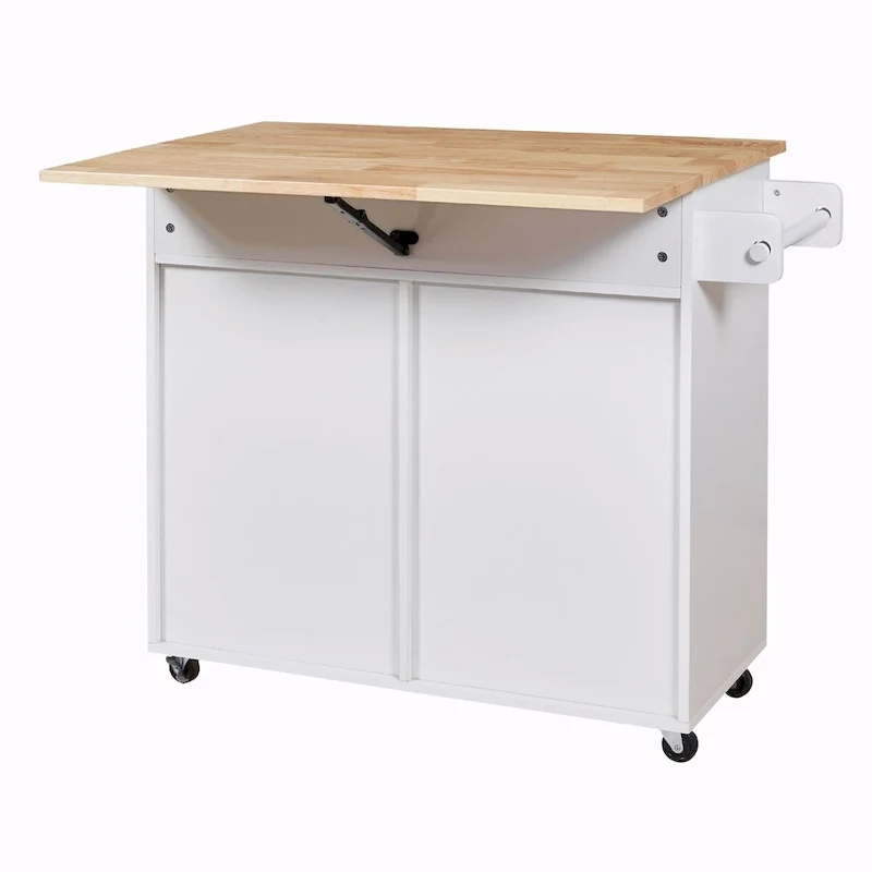 Kitchen Island with Rubber Wood Top, Spacious Drawer, Internal Storage Rack, Wheels