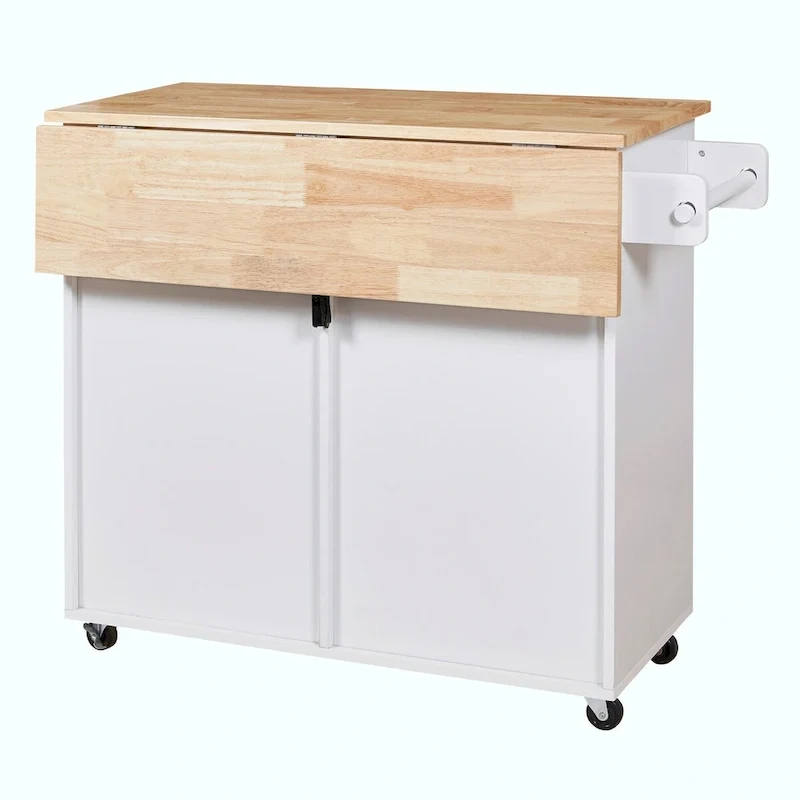 Kitchen Island with Rubber Wood Top, Spacious Drawer, Internal Storage Rack, Wheels