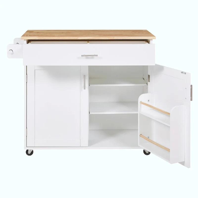 Kitchen Island with Rubber Wood Top, Spacious Drawer, Internal Storage Rack, Wheels