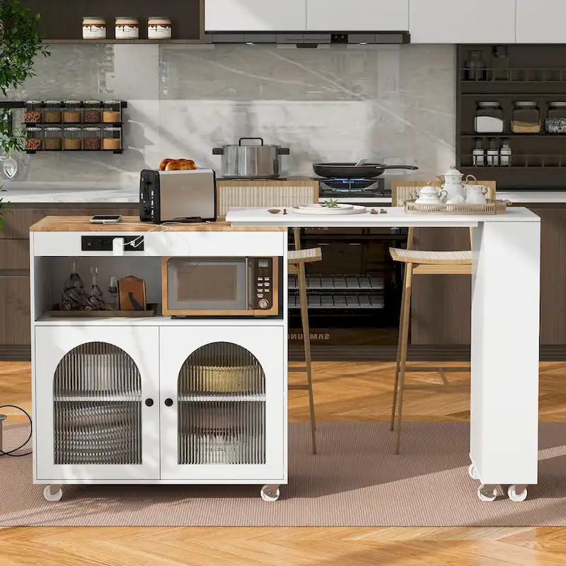 LED Lights Kitchen Island Cart With Extended Table and Power Outlets