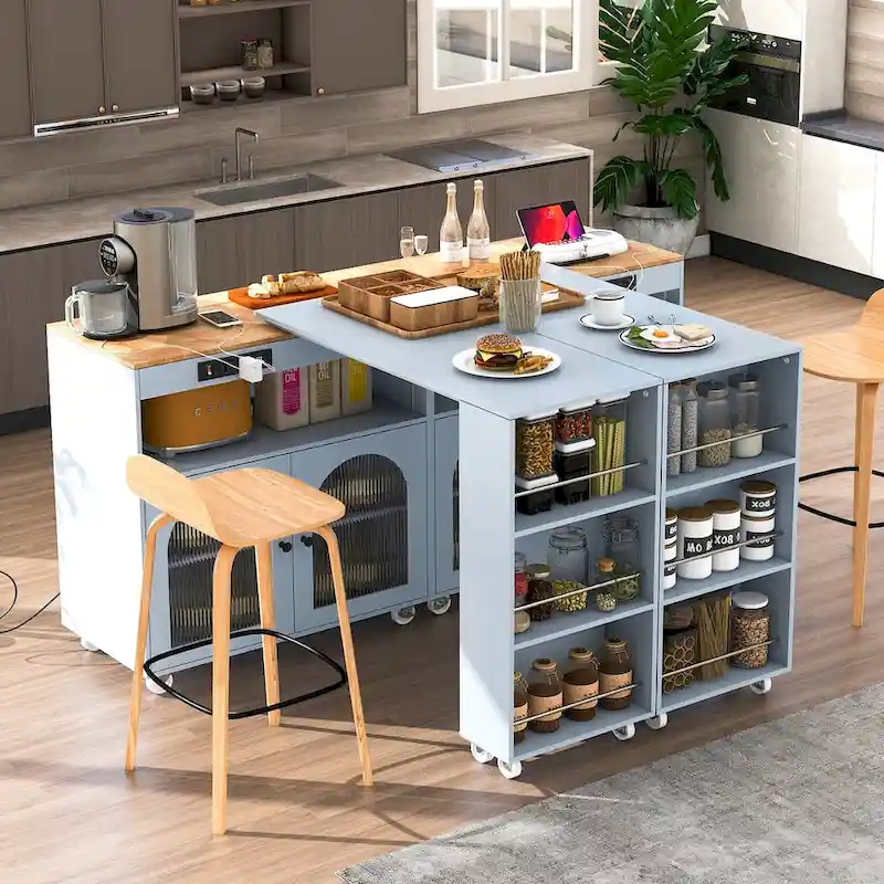 LED Lights Kitchen Island Cart With Extended Table and Power Outlets