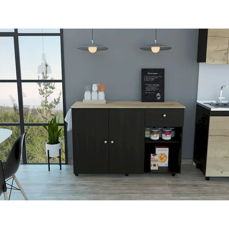 TUHOME Victoria Kitchen Island with 4 Interior Shelves, Casters, Drawer and Double Door Cabinet