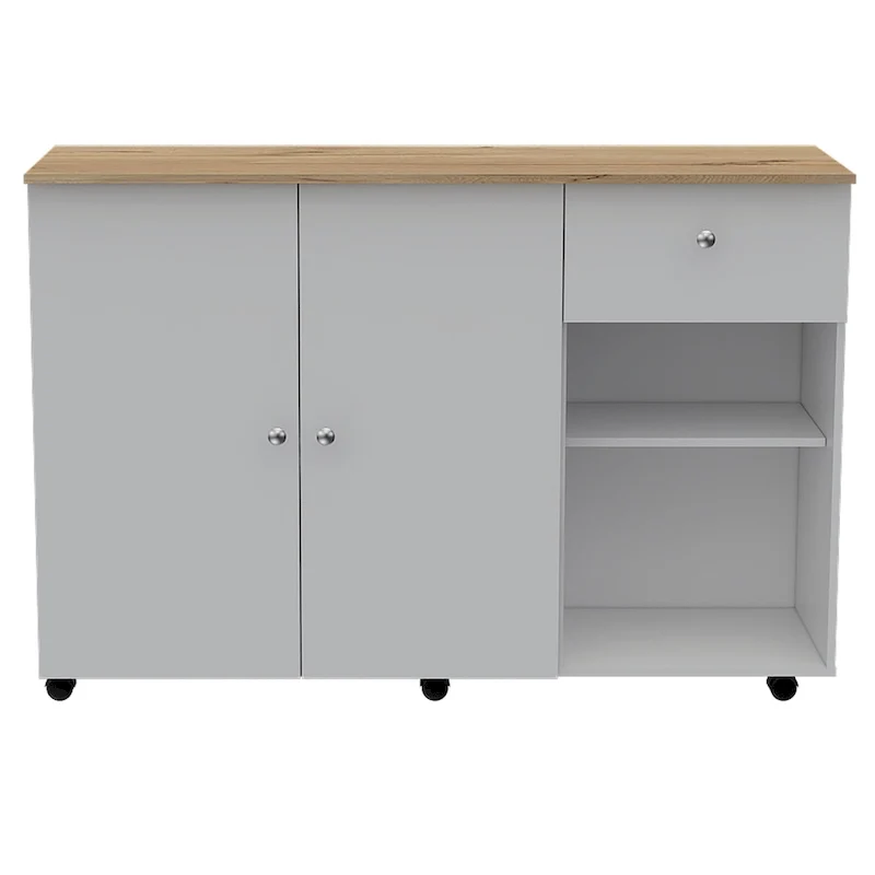TUHOME Victoria Kitchen Island with 4 Interior Shelves, Casters, Drawer and Double Door Cabinet