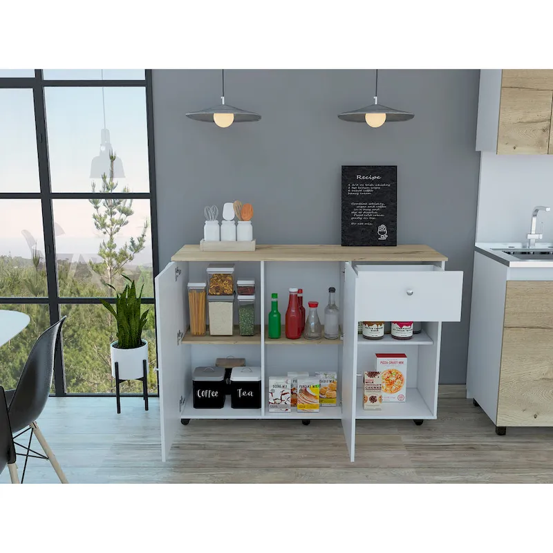 TUHOME Victoria Kitchen Island with 4 Interior Shelves, Casters, Drawer and Double Door Cabinet