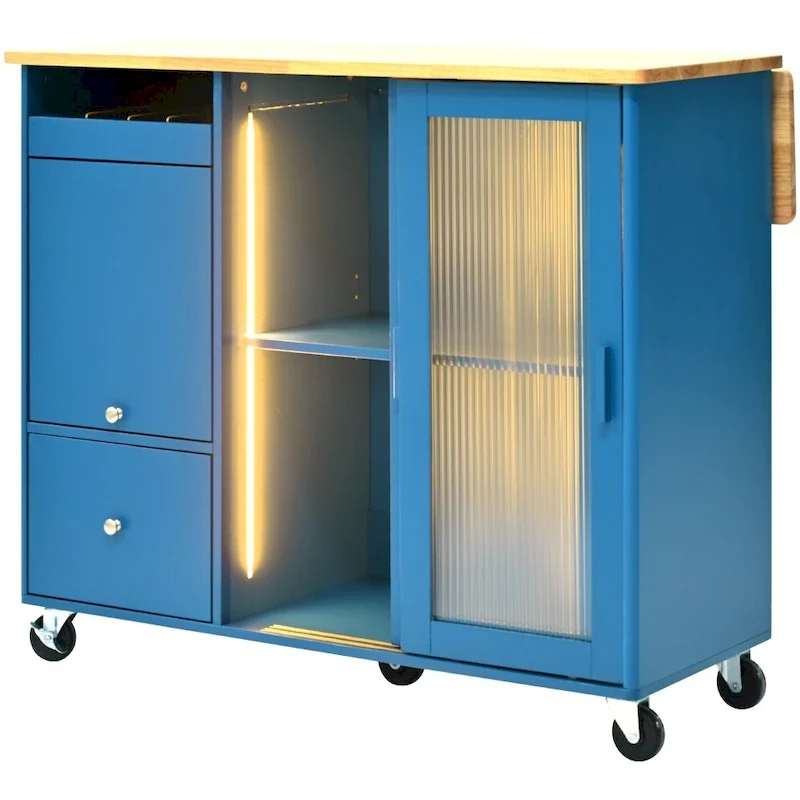 LED Light Kitchen Cart with Drop Leaf and Adjustable Shelf