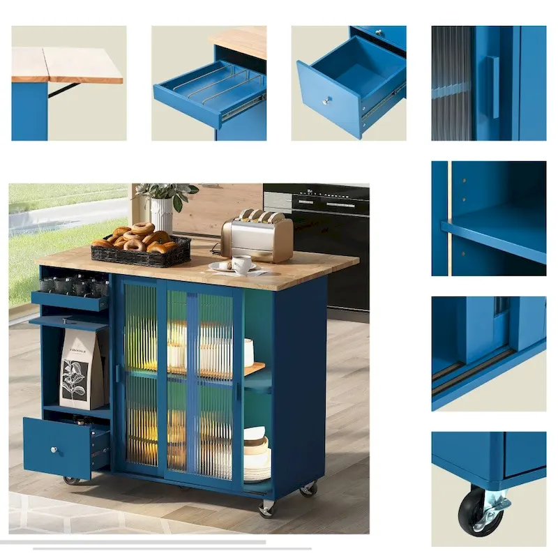 LED Light Kitchen Cart with Drop Leaf and Adjustable Shelf