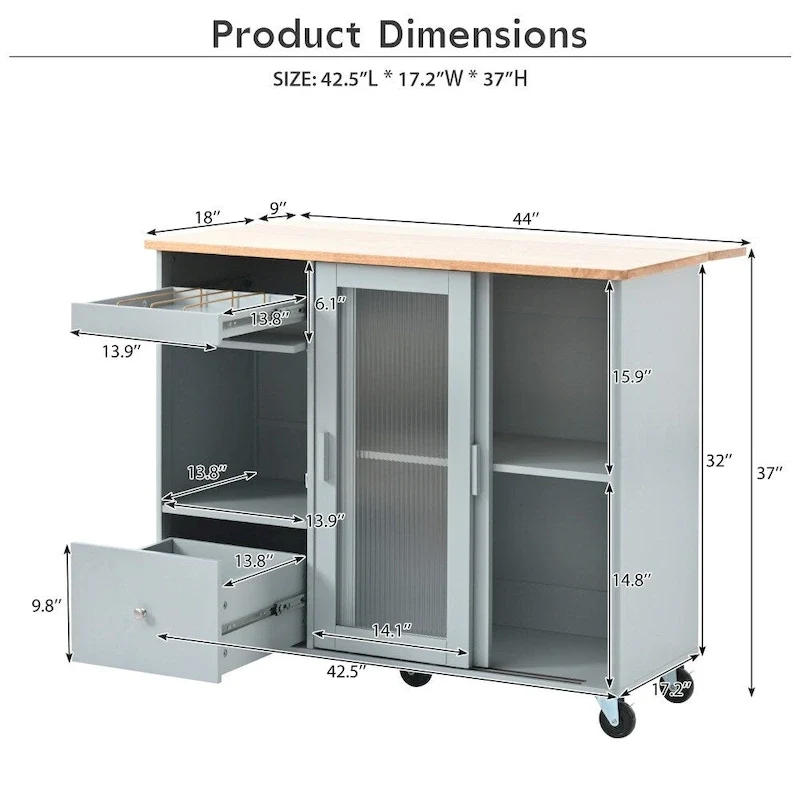 LED Light Kitchen Cart with Drop Leaf and Adjustable Shelf