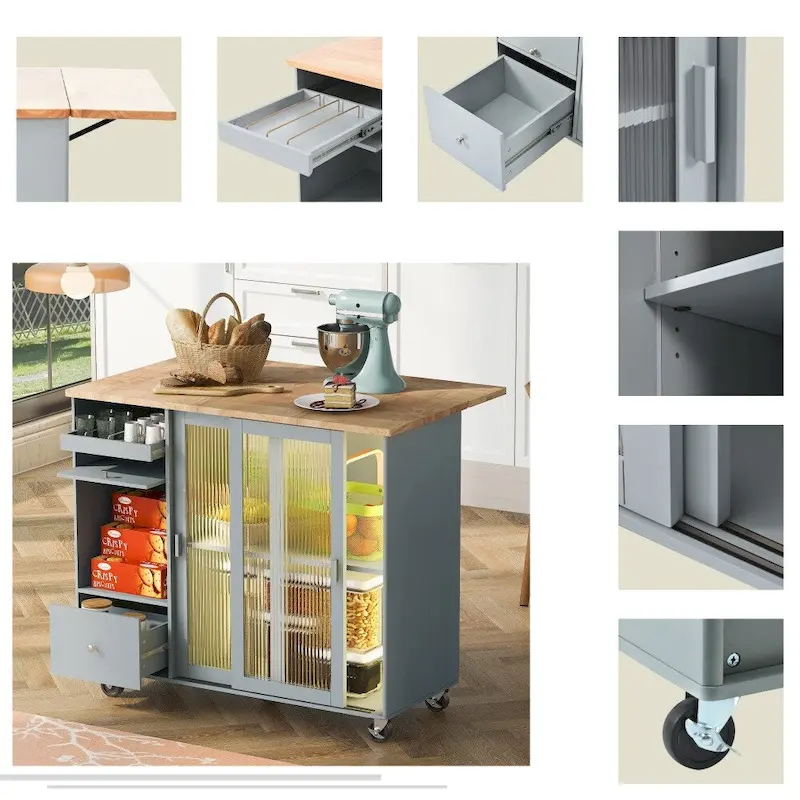 LED Light Kitchen Cart with Drop Leaf and Adjustable Shelf