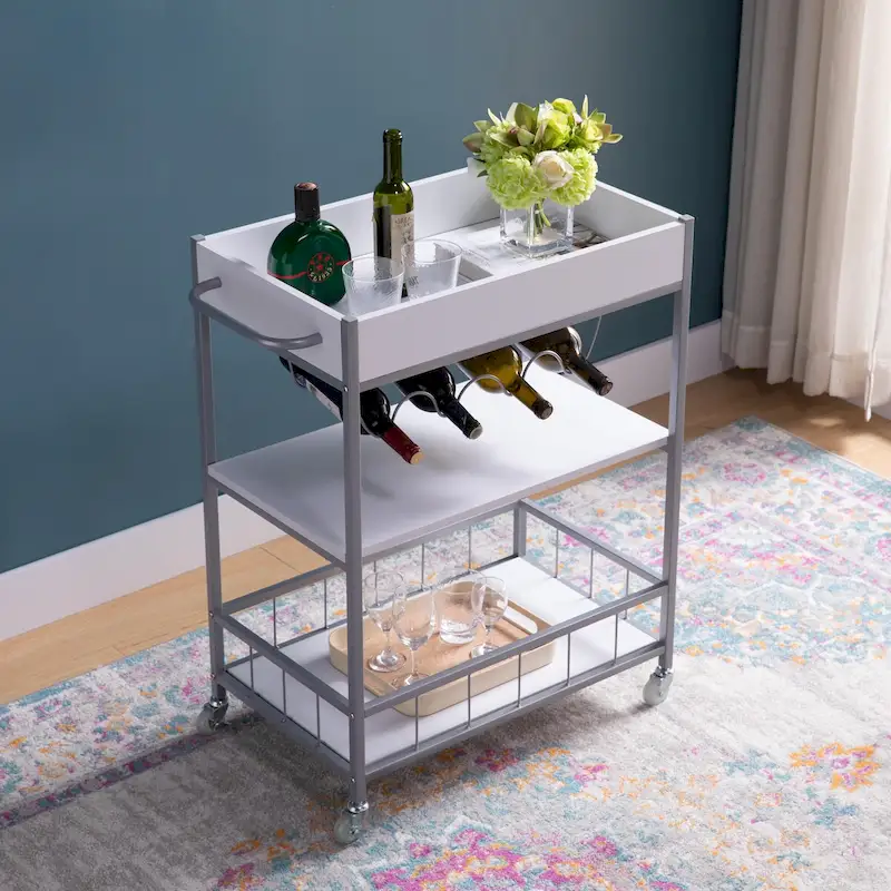 Rolling Kitchen Cart with Three Tier Storage and Four Wine Bottle Rack