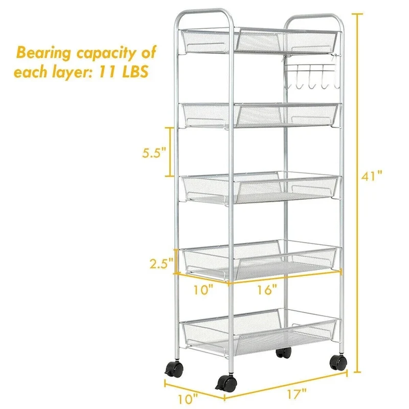 5 Tier Mesh Rolling File Utility Cart Storage Basket - 17 x 10 x 41 (L x W x H)