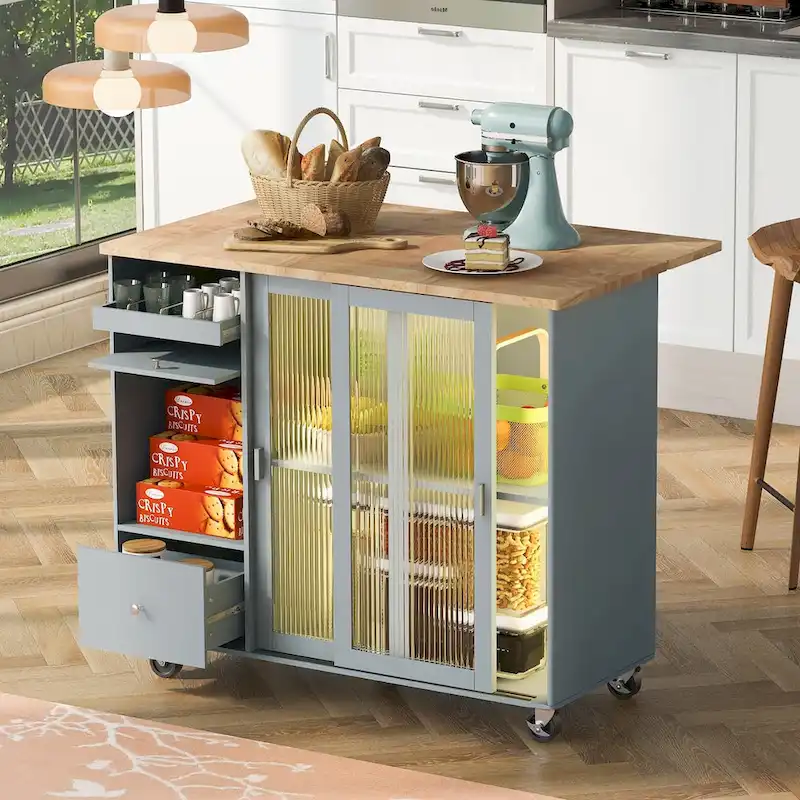 Kitchen Island with Drop Leaf and LED Light