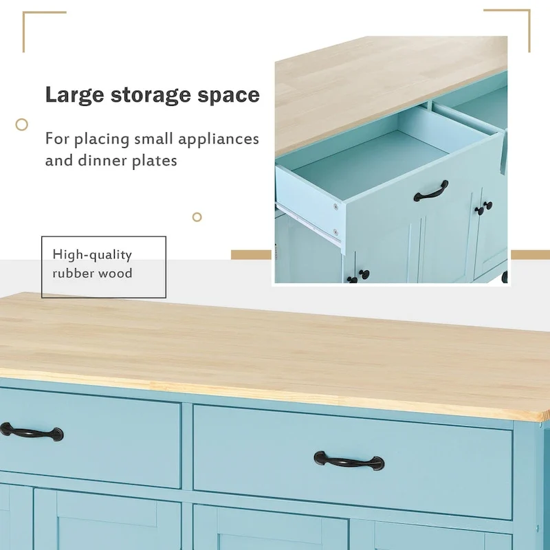 Kitchen Island Cart with 4 Door Cabinet and Two Drawers and 2 Locking Wheels - Solid Wood Top